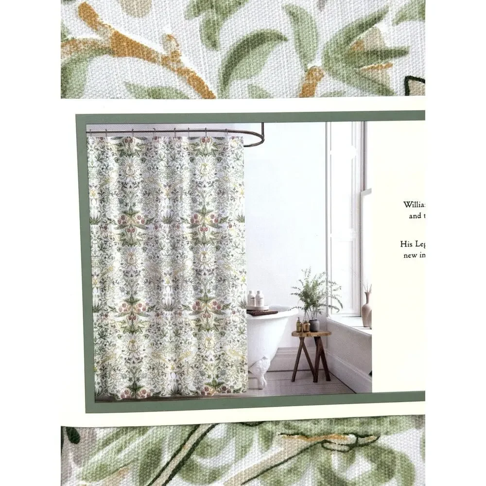 William Morris & Co Bird Strawberry Thief Shower Curtain Green Golden Yellow